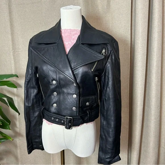 Rondes et Jolies Vintage Leather Biker Jacket with Belt - Picture 4 of 12
